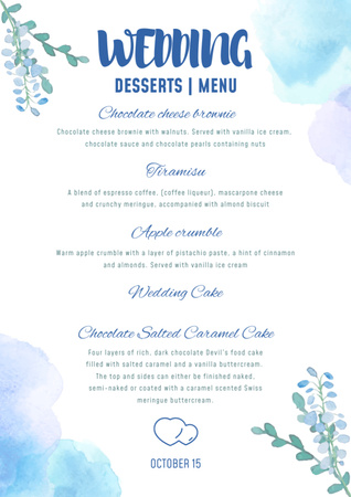 Ontwerpsjabloon van Menu van Wedding Desserts List on Blue Watercolor