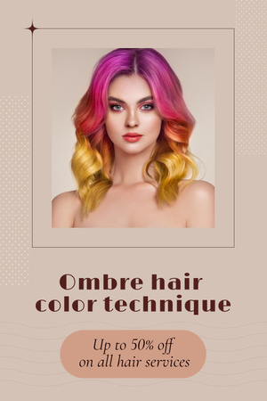 Hair Salon Services Offer with Bright-Haired Woman Pinterest Design Template