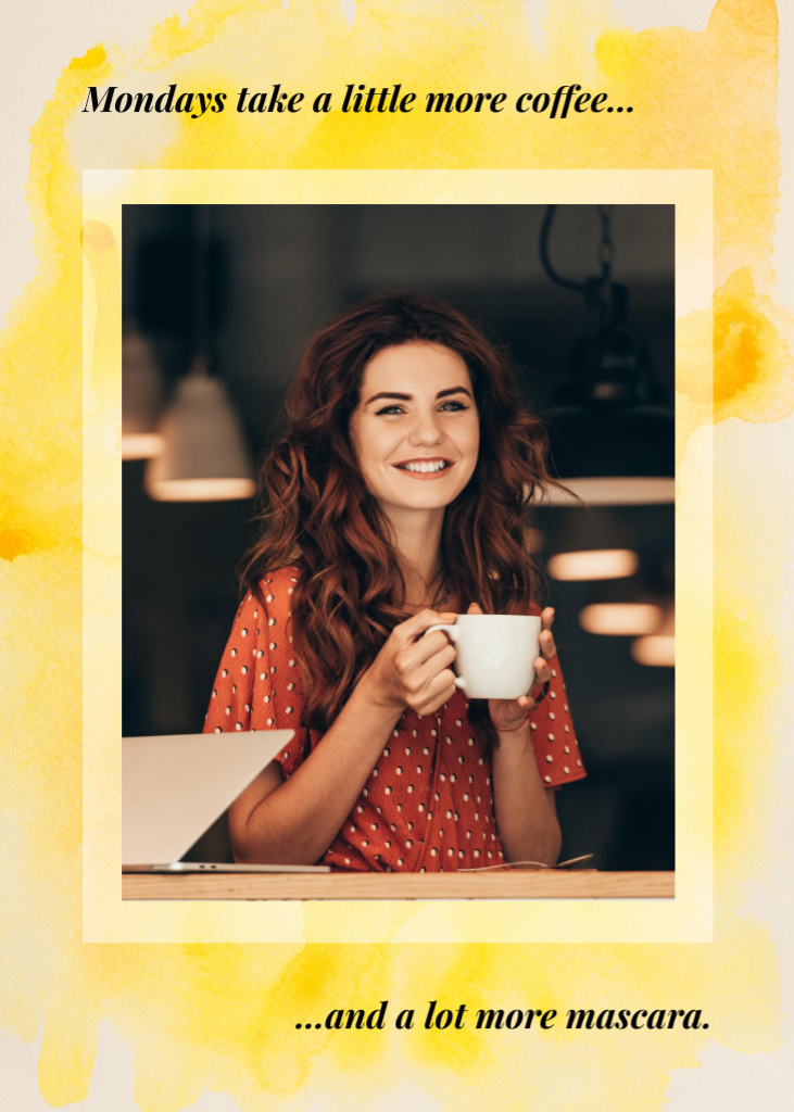 Plantilla de diseño de Smiling Woman With Mascara Promotion in Yellow Frame Postcard 5x7in Vertical 