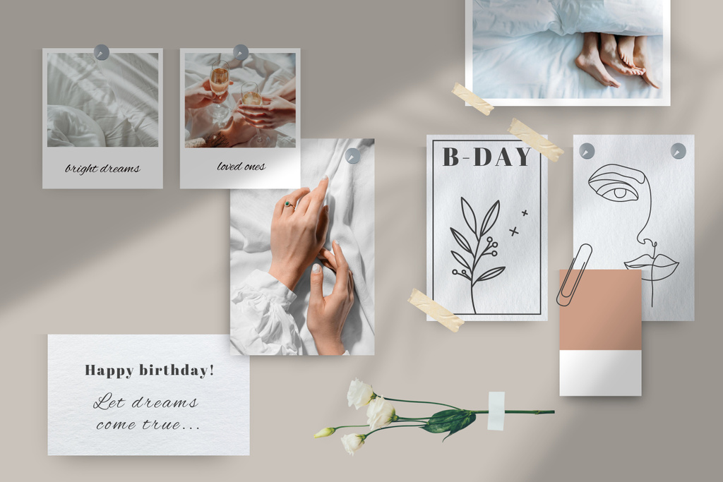 Sparkling Birthday Holiday Celebration With Florals Mood Board Design Template