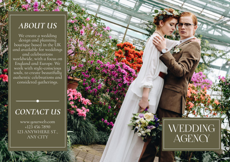 Ontwerpsjabloon van Brochure van Aanbod van huwelijksbureau met prachtig koppel in botanische tuin