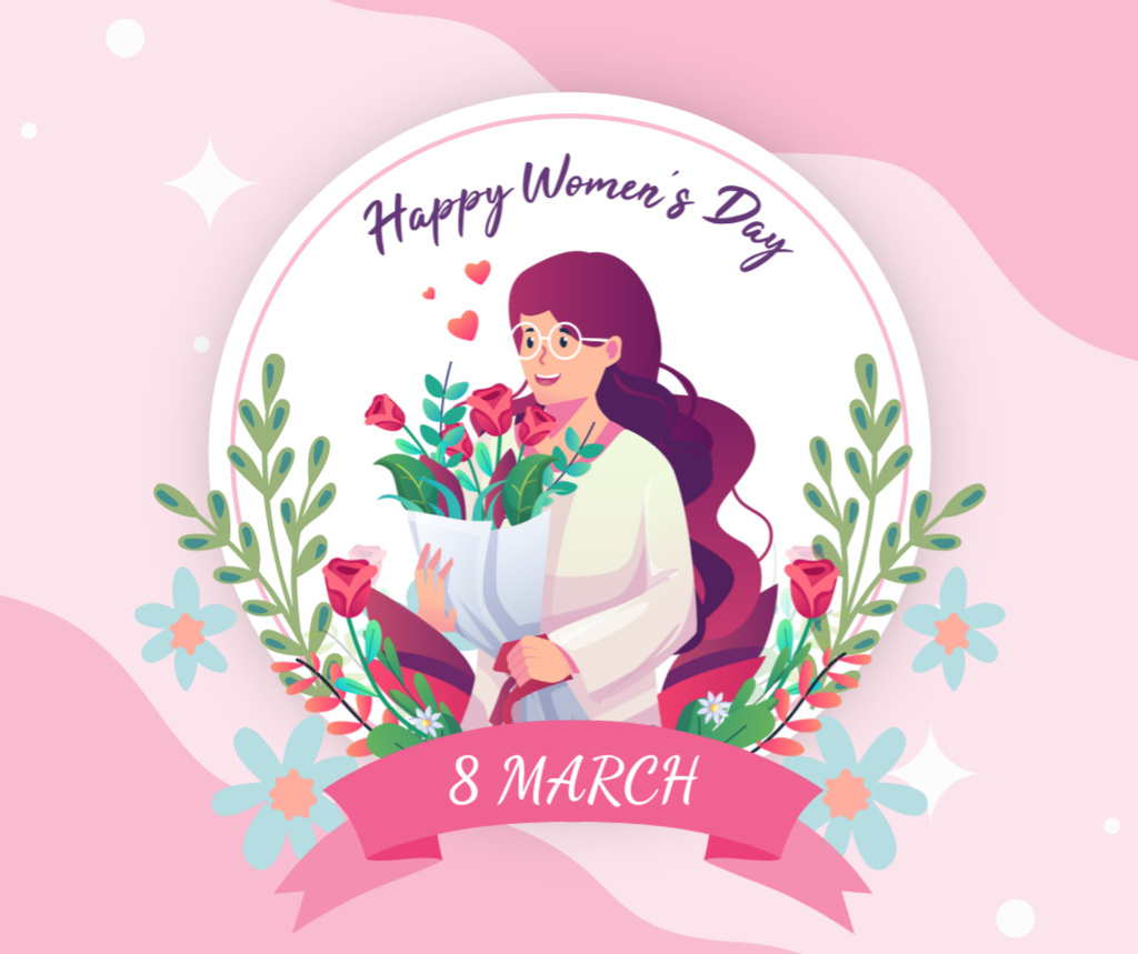 Ontwerpsjabloon van Facebook van Woman with Pink Roses on International Women's Day