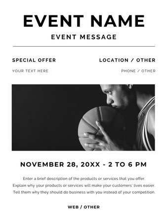 Ontwerpsjabloon van Poster US van Aankondiging van basketbalspelgebeurtenis met speler die de bal vasthoudt