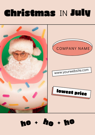 Temmuz ayında Noel için Büyük Donutlu Noel Baba Postcard A5 Vertical Tasarım Şablonu