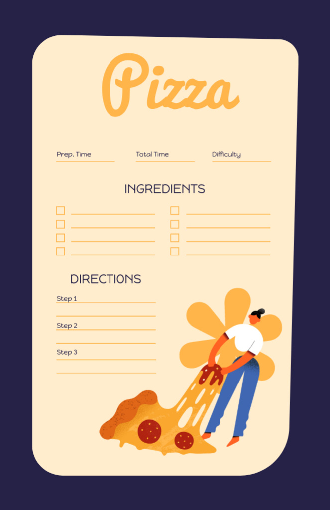 Funny Illustration of Big Pizza Piece Recipe Card Design Template
