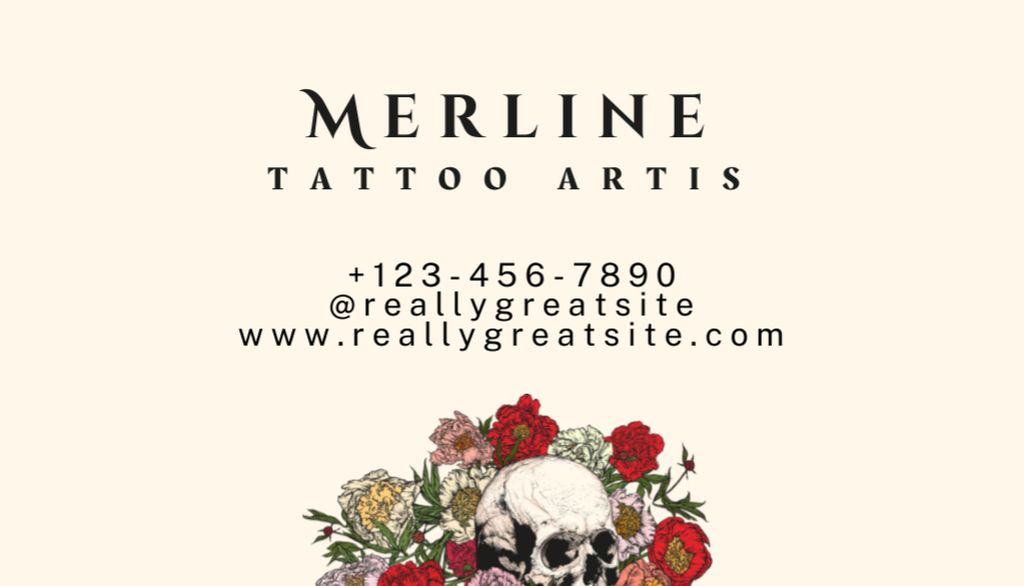 Ontwerpsjabloon van Business Card US van Tattoos Studio With Sketch Flowers And Skull