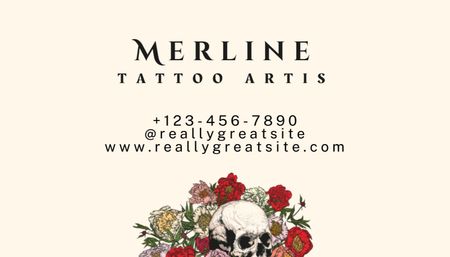 Platilla de diseño Tattoos Studio With Sketch Flowers And Skull Business Card US