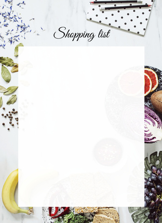 Szablon projektu Groceries Shopping List with Foods on Background Notepad 4x5.5in