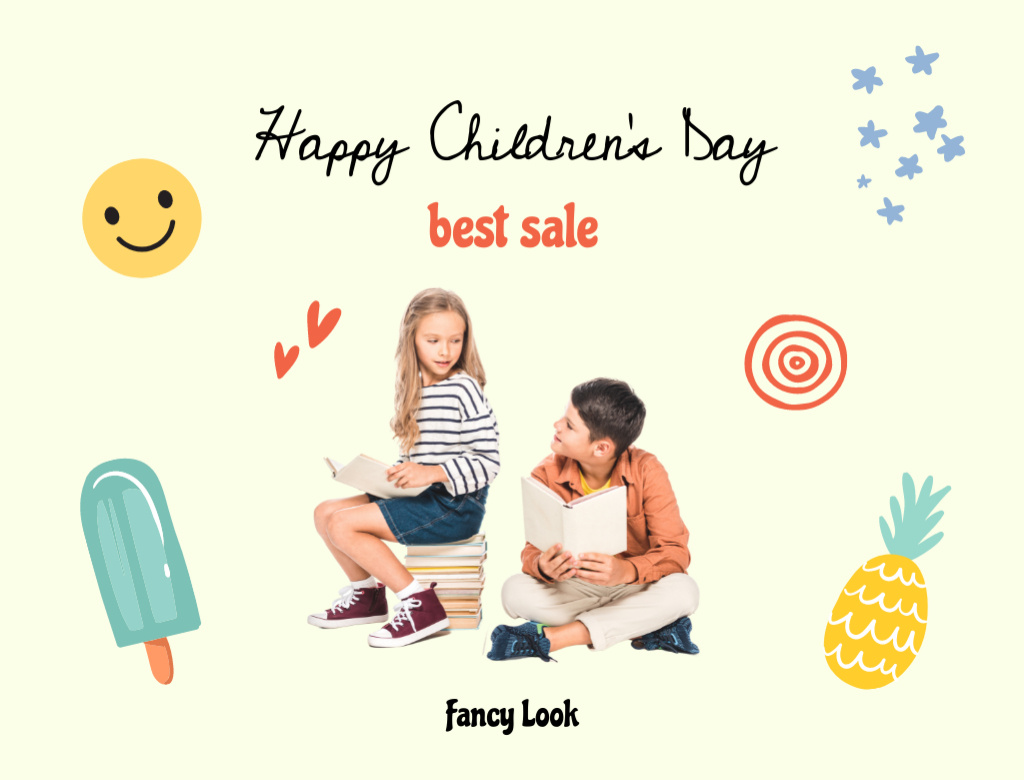Children's Day with Cheerful Little Children Reading Books Postcard 4.2x5.5in – шаблон для дизайну
