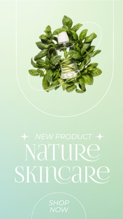 Skincare Cosmetics Ad with Bottle of Tonic in Green Leaves Instagram Story Design Template