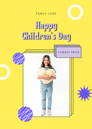 Children's Day Greeting With Girl Holding Heart Toy Postcard 5x7in Vertical Design Template