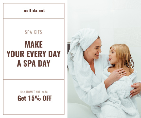 Designvorlage Spa-Kits Angebot mit Mutter und Tochter in Bademänteln für Facebook