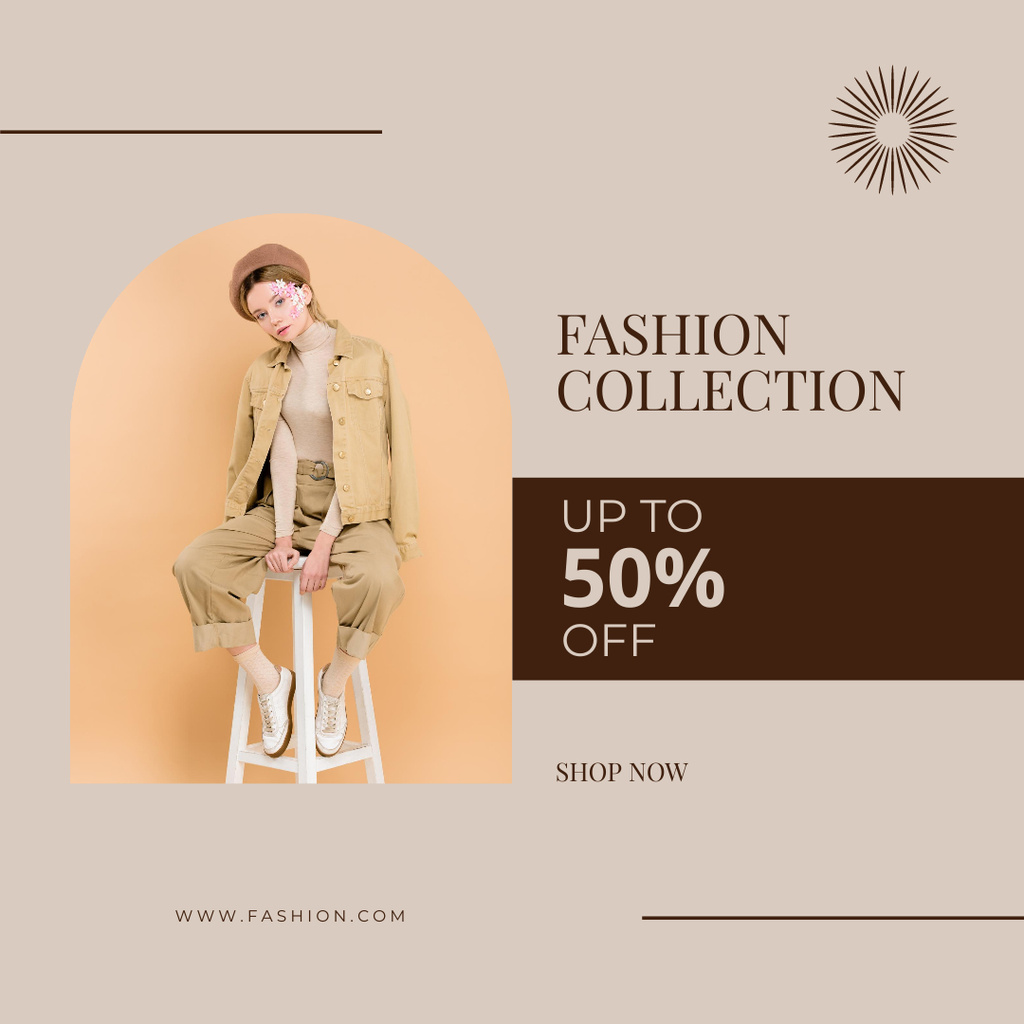 Fashion Collection Ad with Woman in Beige Instagram tervezősablon