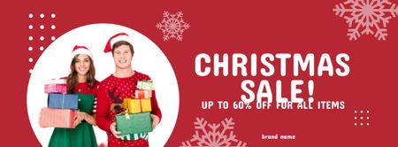 Christmas Sale Offer Happy Couple in Holiday Costumes Facebook cover Design Template