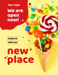 Sweet Candies in Waffle Cone And Store Opening Announcement