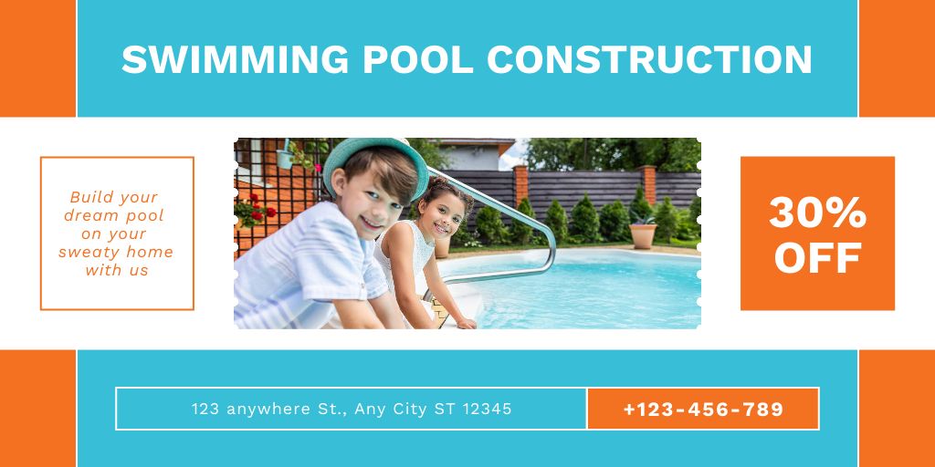 Discounts on Services of Pool Construction Company with Kids Twitter Design Template