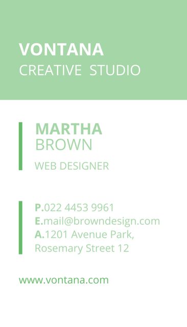 Creative Web Designer Services Offer on Green and White Business Card US Vertical Šablona návrhu