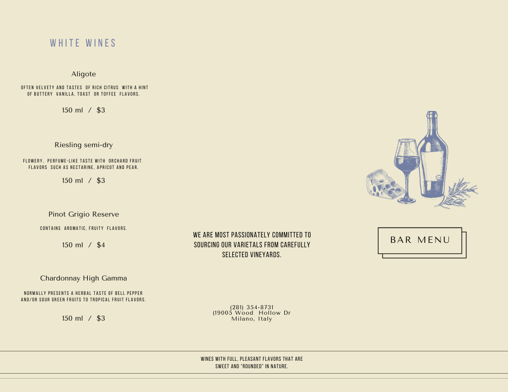 Wine Menu Announcement with Sketch on White Menu 11x8.5in Tri-Fold Šablona návrhu