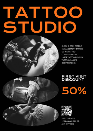 Various Services With Body Piercing And Tattoo In Studio With Discount Poster Design Template