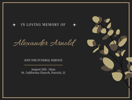 Designvorlage Einladung zu Bestattungsdiensten mit Blattzweig für Postcard 4.2x5.5in