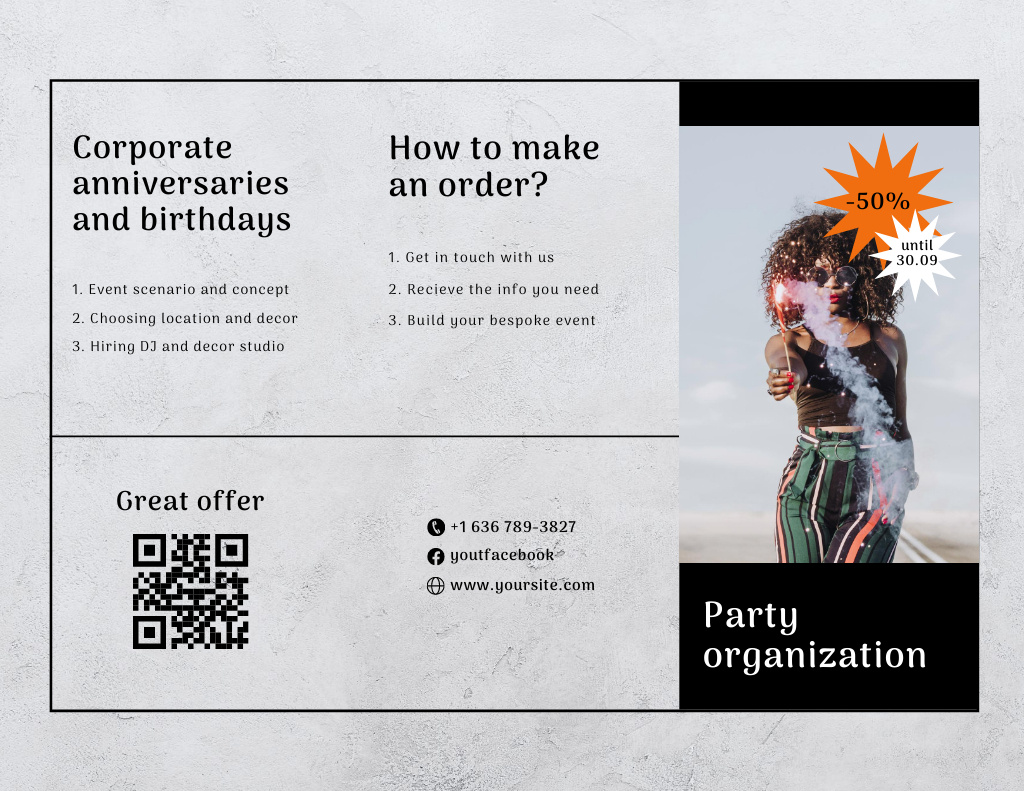 Ontwerpsjabloon van Brochure 8.5x11in van Party Organization Services Offer with Woman in Bright Outfit