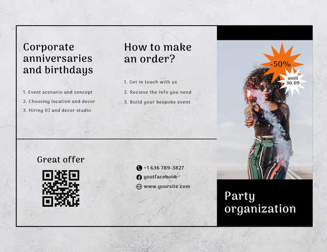 Party Organization Services Offer with Woman in Bright Outfit Brochure 8.5x11in Tasarım Şablonu