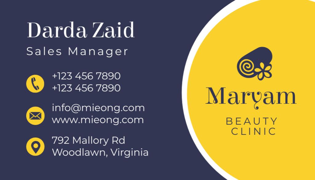 Contacts of Sales Manager of Beauty Clinic Services Business Card US Design Template