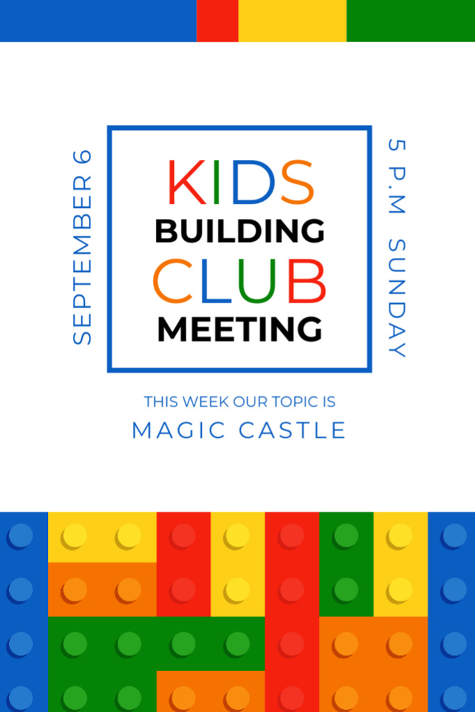Designvorlage Kids Building Club Meeting Bright Constructor Bricks für Postcard 4x6in Vertical
