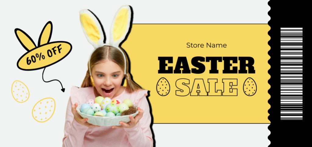 Easter Sale Announcement with Happy Girl Holding Plate of Eggs Coupon Din Large Tasarım Şablonu