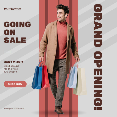Ontwerpsjabloon van Instagram van Man with Shopping Bags for Shop Opening Ad