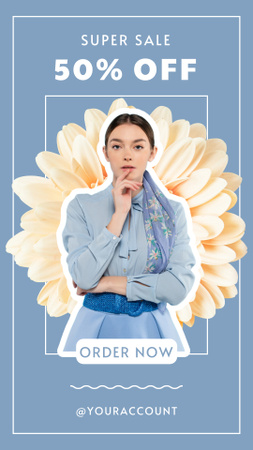 Spring Sale with Young Brunette Woman in Blue Instagram Story tervezősablon