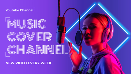 Promoção de canal de música de capa com jovem em fones de ouvido Youtube Modelo de Design