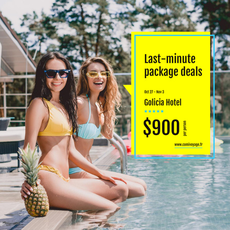 Hotel Offer Happy Girl in Bikini by Pool Instagram AD Design Template