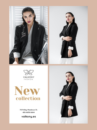 Anúncio de roupas femininas com mulher em roupa monocromática Poster US Modelo de Design