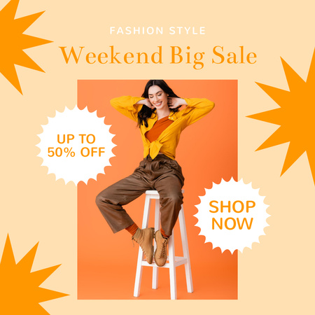 Designvorlage Female Fashion Clothes Sale with Young Woman on Chair für Instagram