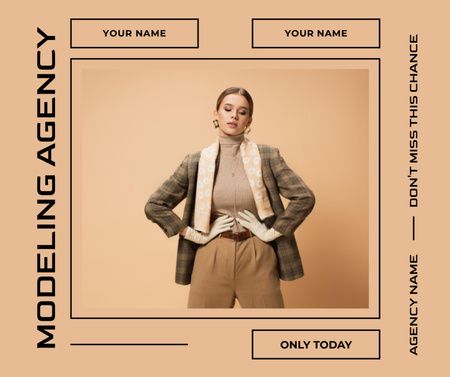 Model Agency Ad with Woman on Beige Facebook Design Template