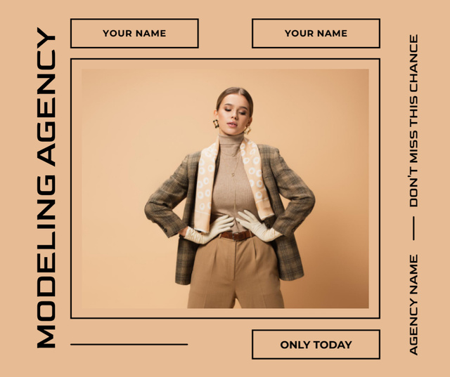 Model Agency Ad with Woman on Beige Facebookデザインテンプレート