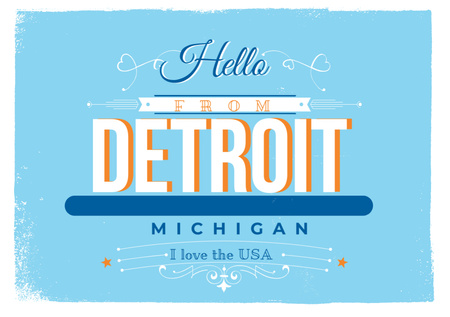 Designvorlage Hello From Detroit With Ornament In Blue für Postcard A5