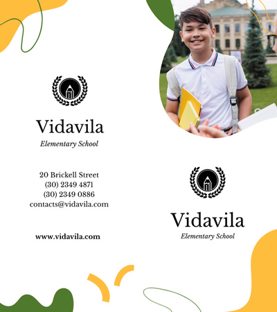 School Offer with Smiling Kid on White Brochure 9x8in Bi-fold Design Template