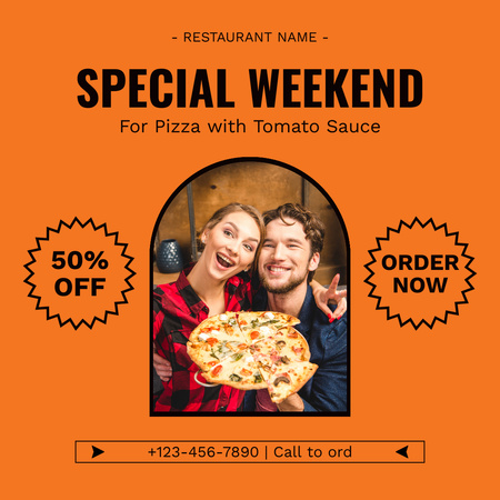 Pizza Discount with Cheerful Young Couple Instagram Design Template