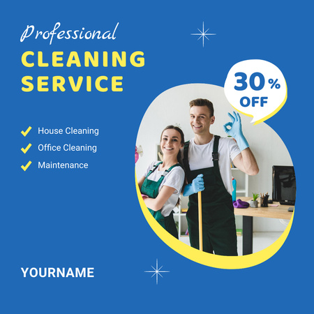 Serviços de limpeza profissional com trabalhadores sorridentes e descontos Instagram AD Modelo de Design
