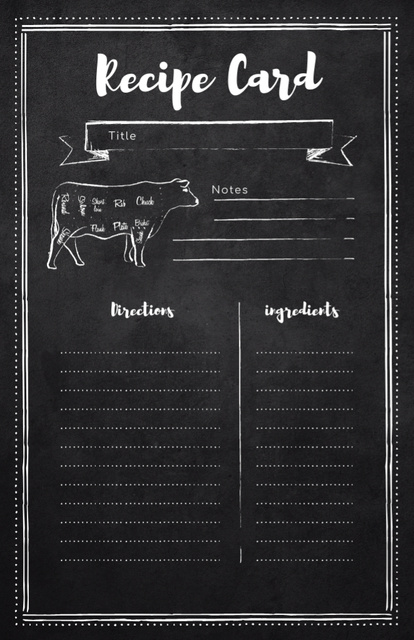 Cow Graphic illustration on Black Recipe Card Tasarım Şablonu