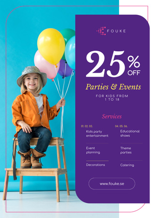 Party Organization Service with Girl with Balloons Poster Design Template