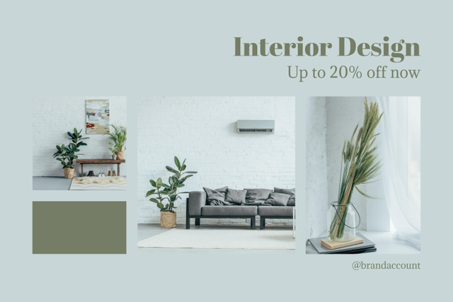 Interior Design Discount Announcement on Green Mood Board Design Template