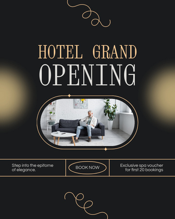 Designvorlage Große Eröffnung eines gehobenen Hotels mit Spa-Gutschein für Gäste für Instagram Post Vertical