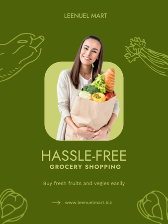 Plantilla de diseño de Anuncio de tienda de abarrotes con mujer sosteniendo paquetes de papel con comida Poster US 