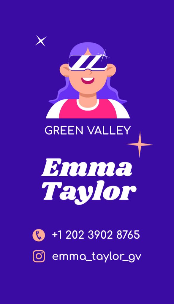 Cartoon Girl Wearing Virtual Reality Glasses Business Card US Vertical Design Template