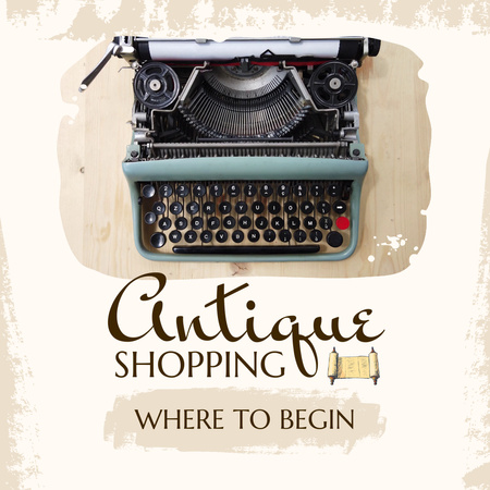Designvorlage Vintage-Schreibmaschine und Leitfaden zum Antiquitäten-Shopping für Animated Post