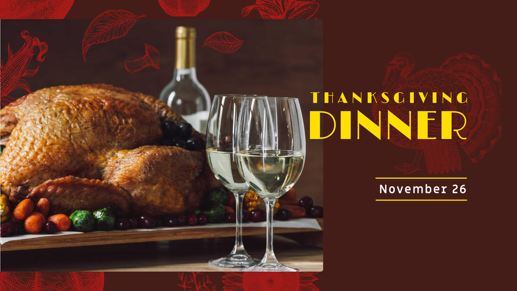 Thanksgiving Dinner Announcement with Turkey and Wine FB event cover – шаблон для дизайна