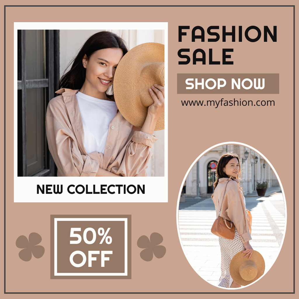 Smiling Woman with Hat for Fashion Sale Anouncement  Instagram Design Template
